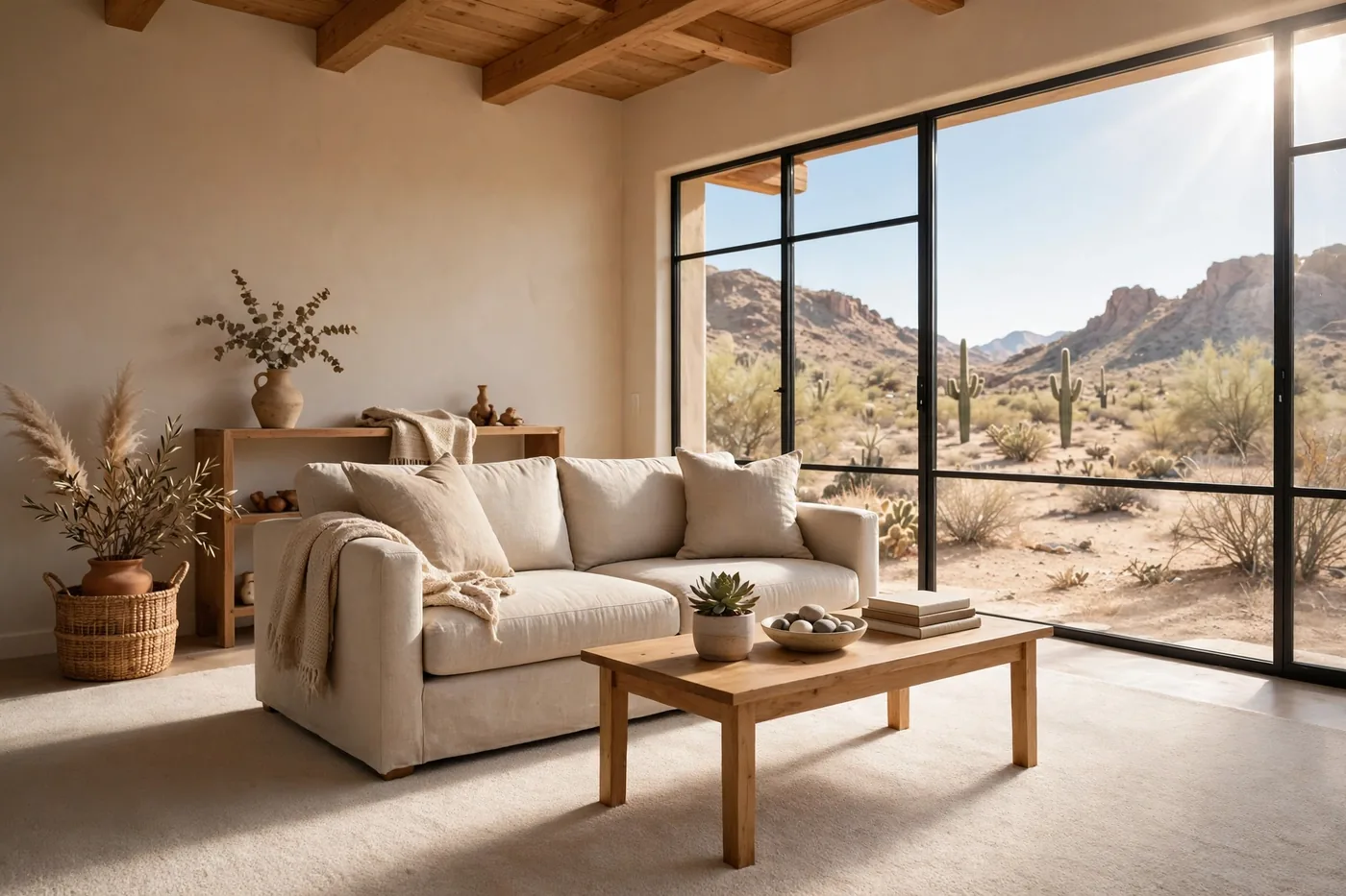 Sunlit clean living room in a desert home