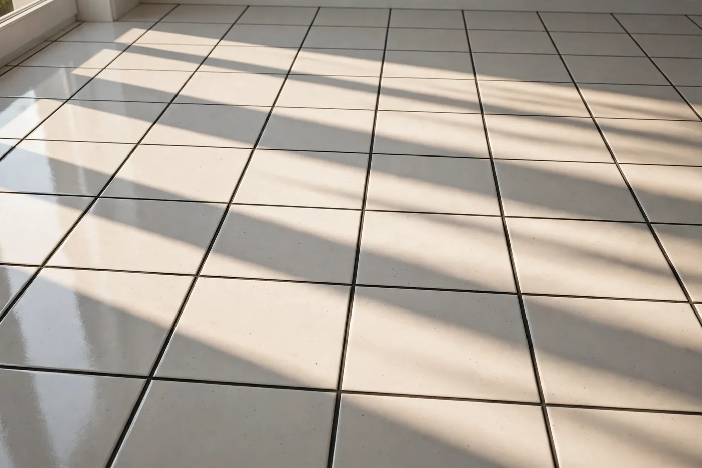 Clean tile floor with crisp grout lines in morning sunlight