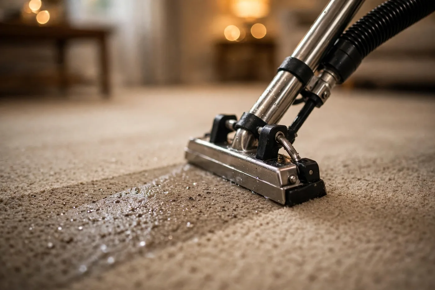 Carpet cleaning wand making a pass across a residential carpet